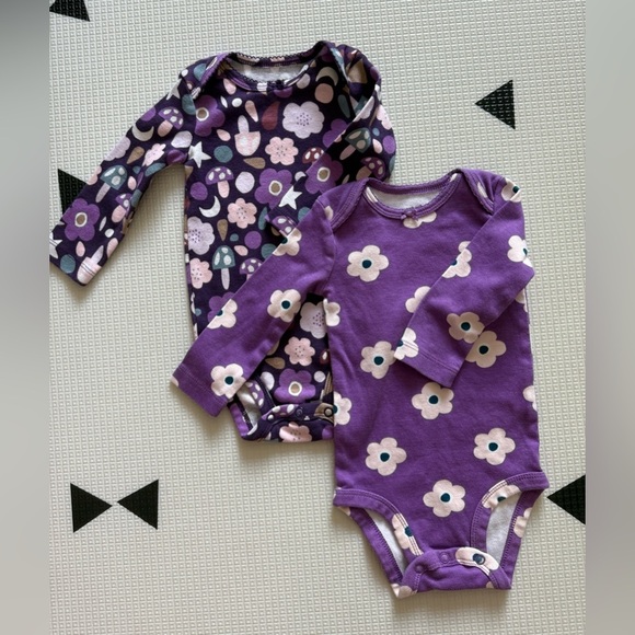Carters|Baby girl Purple Boho Floral set of long sleeve bodysuits,mushroom print - Picture 1 of 4